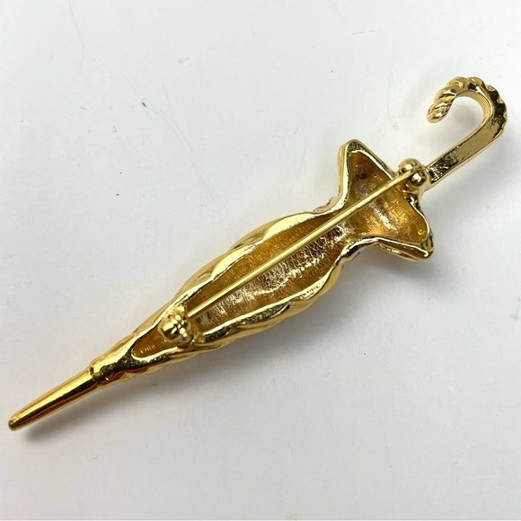 GOLD Tone Umbrella Brooch With Crystals - Picture 2 of 8